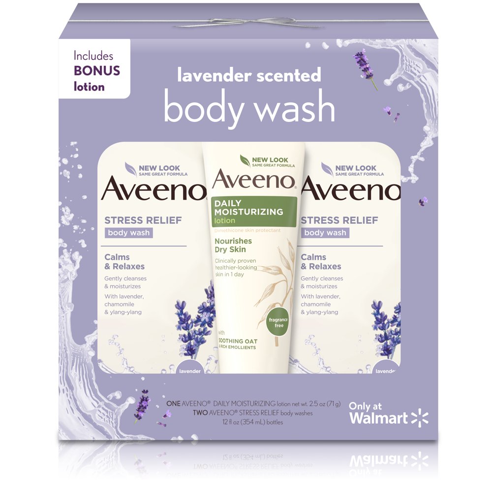 Aveeno Lavender Stress Relief Gift Set (2 Body Washes and Bonus Aveeno