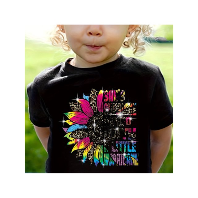 Kids' Fashion Letter Print Cotton T-Shirt - "She'S Cute Mixed With a Little Hurricane" Design, Short Sleeve, Round Neck, Casual , All-Season Wear, Casual Wear Tee | Playful Letter Print