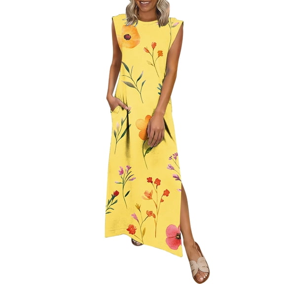 PNTUTB Summer Women's Fashion Print Casual Loose Round Neck Sleeveless Split Comfortable Ankle Length Dress