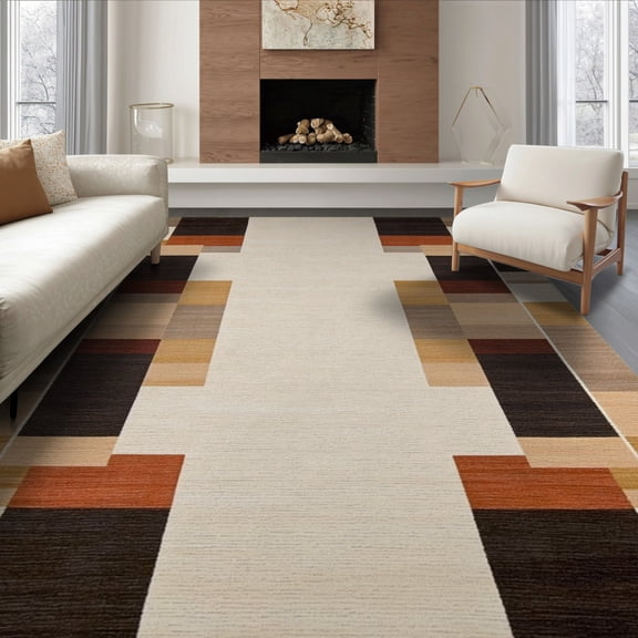 ODIKA 8'x10' Washable Area Rug Non-Shedding, Easy Care, Abstract Contemporary Block Minimalist Brushstroke Watercolor for King Size Bedroom Under Bed, Master Suite