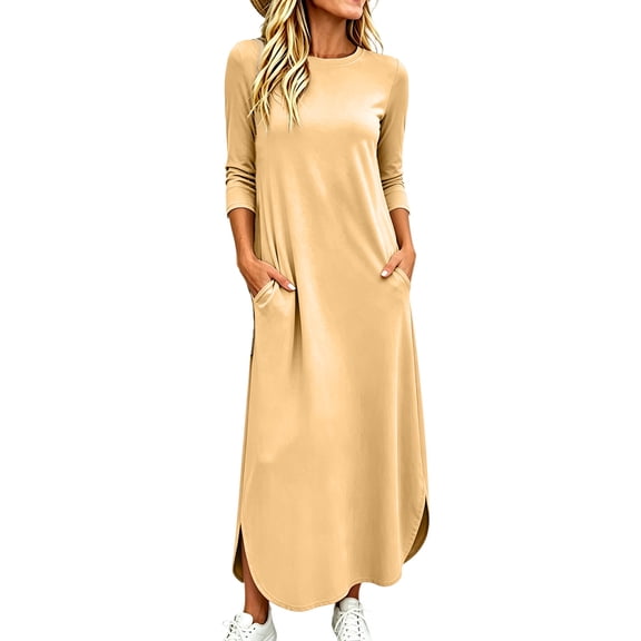 Gytharion Women's Side Slit T-Shirt Dresses Crew Neck Comfortable Versatile Maxi Dresses Short Sleeve Stylish Classic Casual Dresses with Pockets
