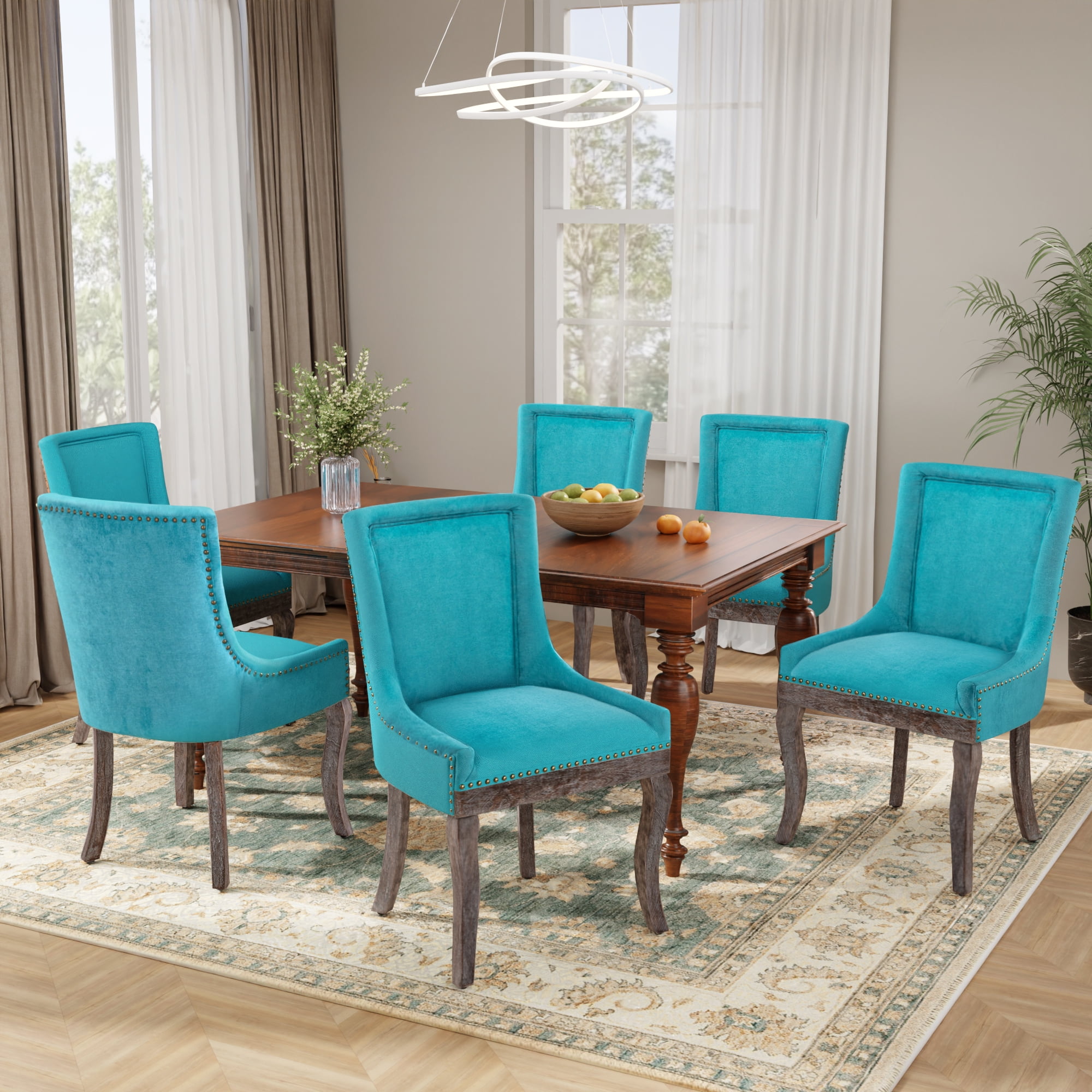DONICK Vintage Fabric Upholstered Dining Chairs,Solid Wood Kitchen Dining Room Chairs with Nailheads Solid Wood Legs (Blue,Set of 2)