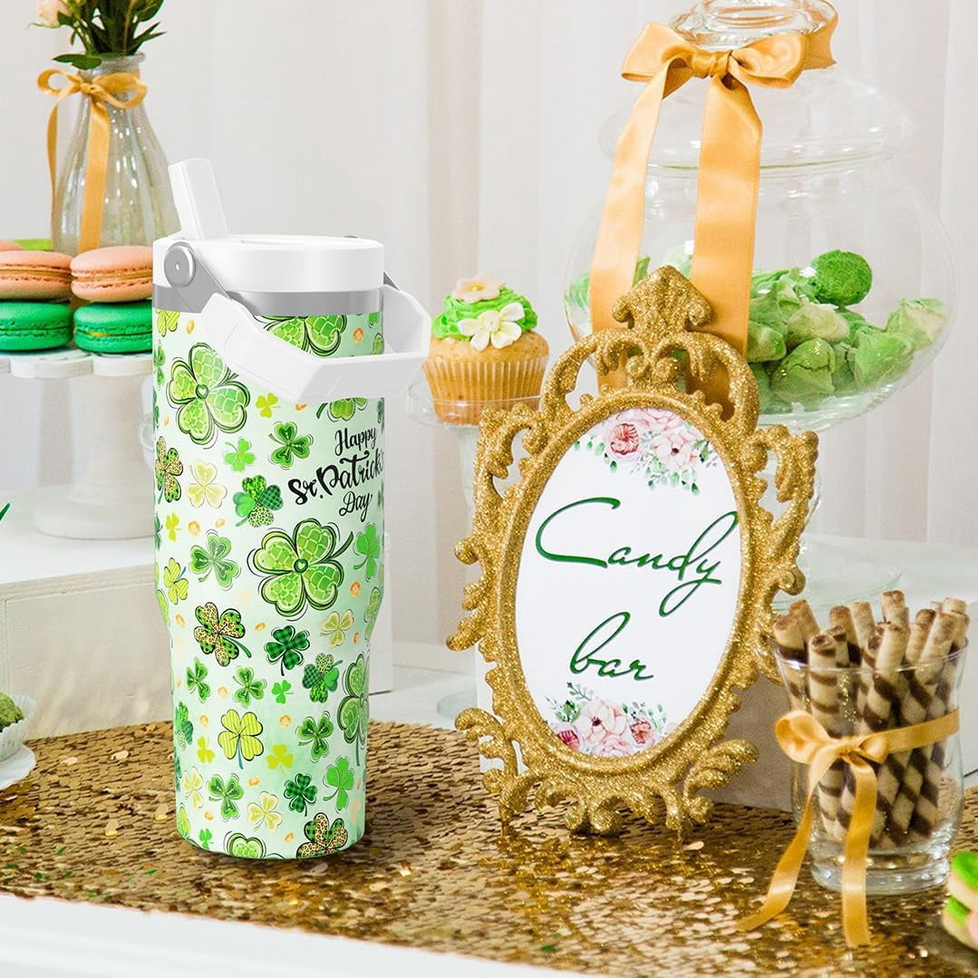 30 oz St. Patricks Day Tumbler with Straw Handle, Happy St. Patricks Day Shamrock Gifts for Women Men, Stainless Steel Insulated Water Bottle Coffee Cups for Home Office Travel
