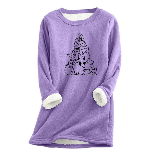 Ladies Christmas Tree Cats Print Long Sleeve Thermal Underwear Base Layer Top For Winter Warmth