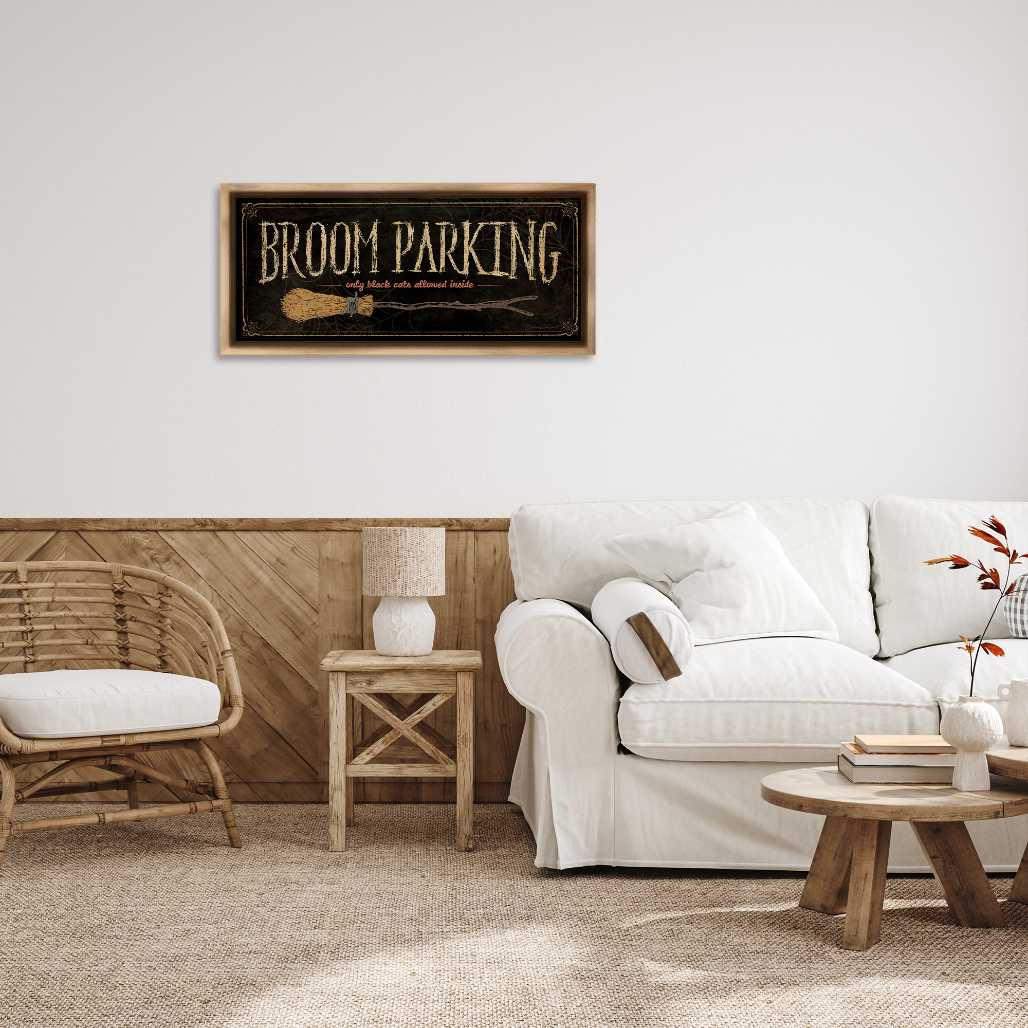 Stupell Industries Broom Parking Black Cats Allowed Holiday Painting Brown Floater Framed Canvas Art Print Wall Art, 31 x 14