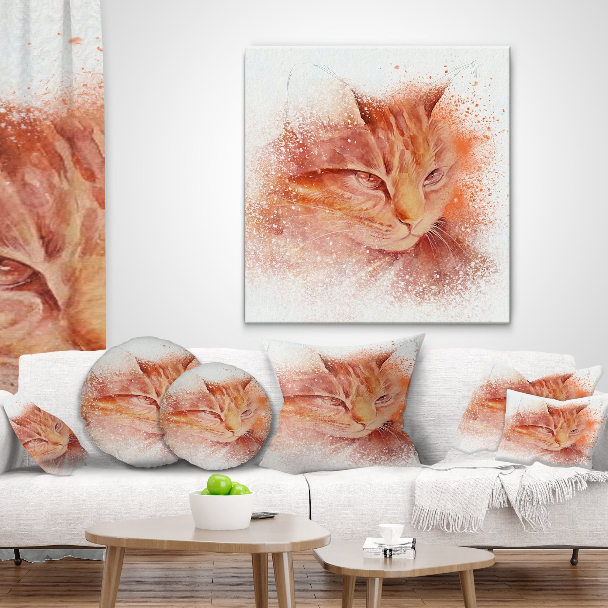 Designart Brown Cat Face Sketch on White - Animal Throw Pillow - 16x16