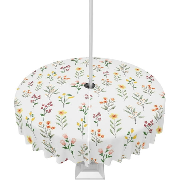 Outdoor Tablecloth with Umbrella Hole and Zipper Flower Plant Round Outdoor Tablecloths 60 Inch Waterproof Table Cloths Spring Floral Patio Table Cloth Cover for Outdoor Tables Picnic Garden