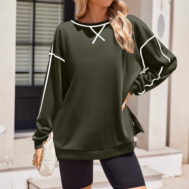 RXIRUCGD Chandails en Molleton Oversize pour Femmes Manches Longues Col Rond Fermeture Éclair Latérale Pull Tops Vêtements Tendance Automne 2024, Vert Armée, Taille : L