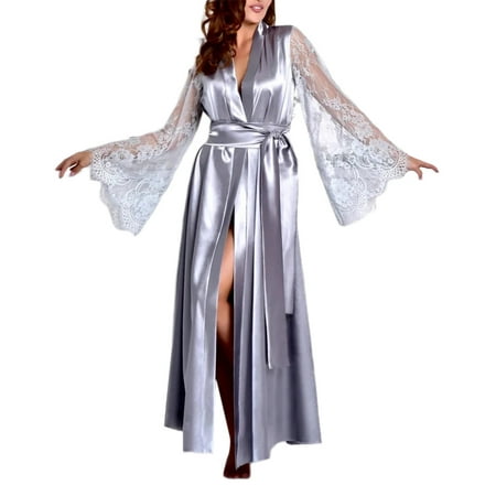 

Multitrust Women Silk Lace Transparent Sleeve V Neck Nightgown Dress