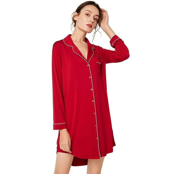 Female Button Front Sleepshirt Long Sleeve Nightgown Nightshirt