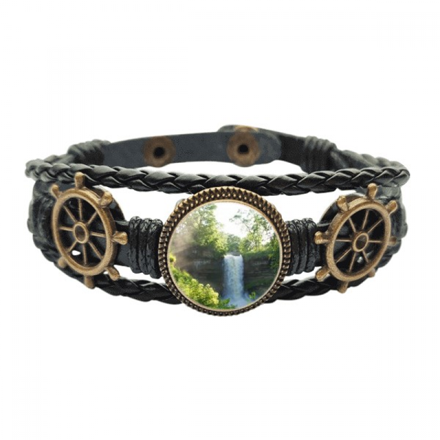 La ciencia de la naturaleza cascada paisaje forestal Pulsera marina tejida en cuero