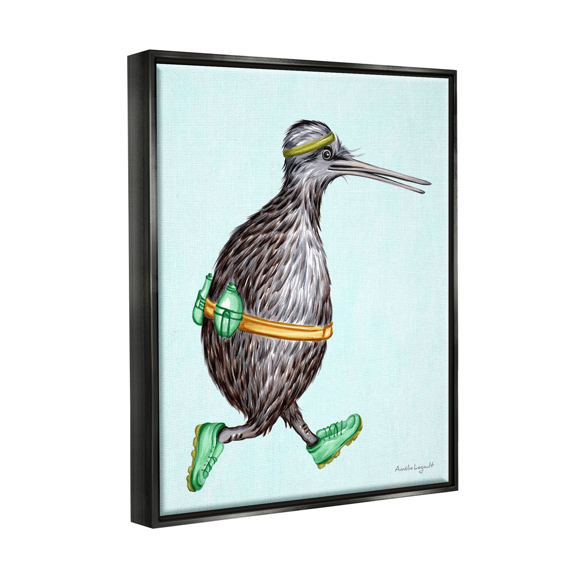 Stupell Industries Kiwi Bird Jogging Exercise Clothing Sneakers Illustration Graphic Art Jet Black Floating Framed Canvas Print Wall Art, Design by Amelie Legault
