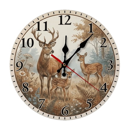 Deer Fawn Woodland 5mm Thick Solid Wood Wall Clock, Quiet Quartz Movement Easy Install Hanging Clock