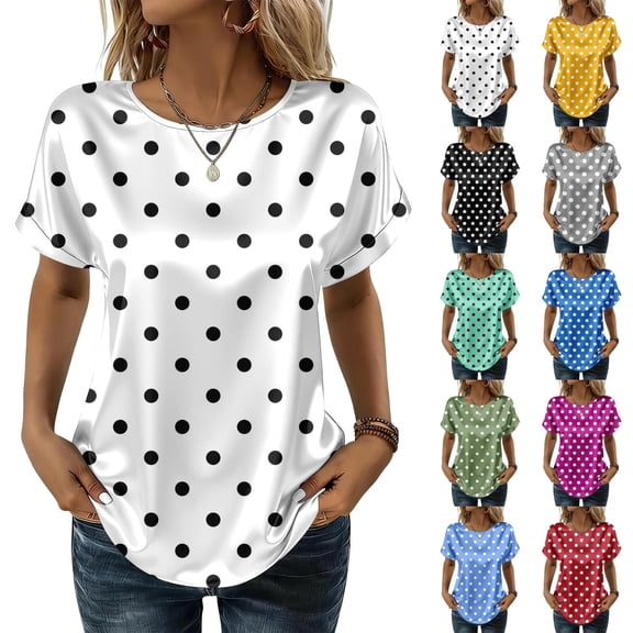 JoveMarine Women's Short Sleeve Polka Dot Print Top Round Neck Casual Blouse Vintage Style Summer Top for Daily Wear Black L