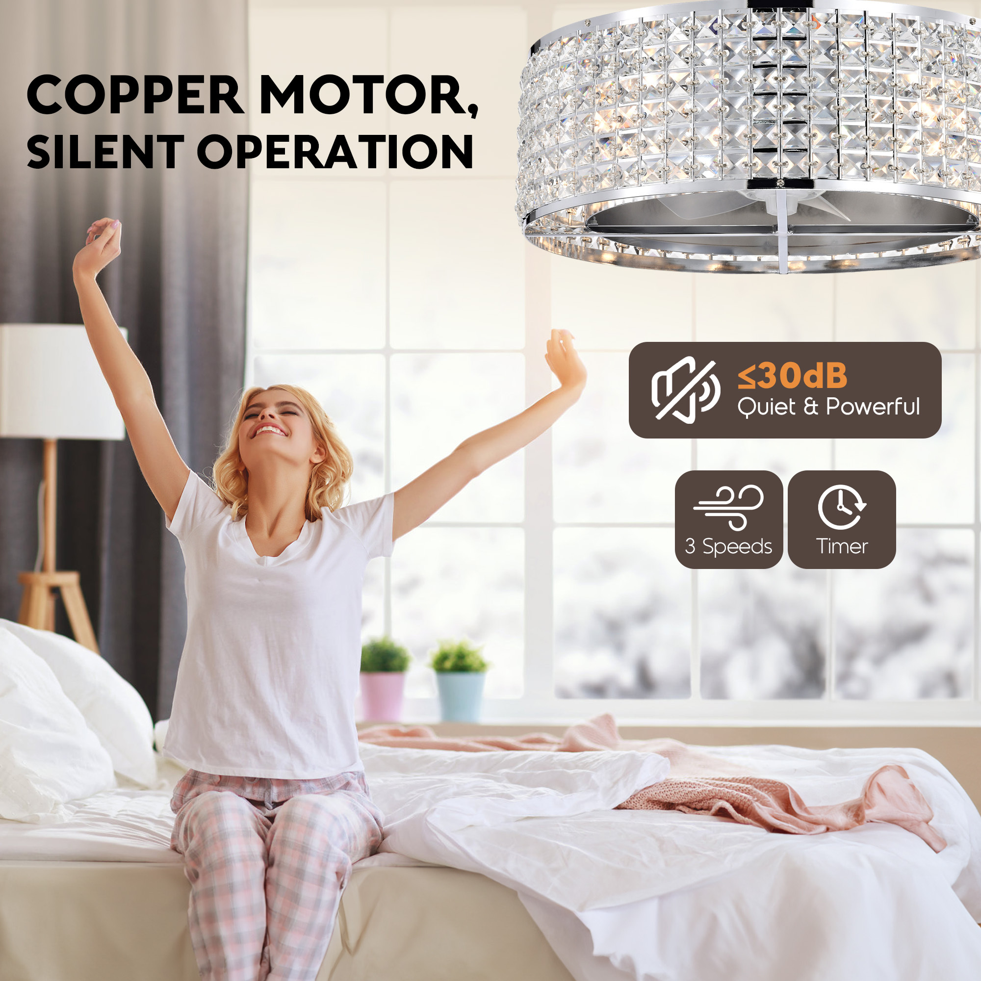 Aukfa Ceiling Fan with Light and Remote, 20" Low Profile Ceiling Fan for Living Room,Bedroom,Crystal