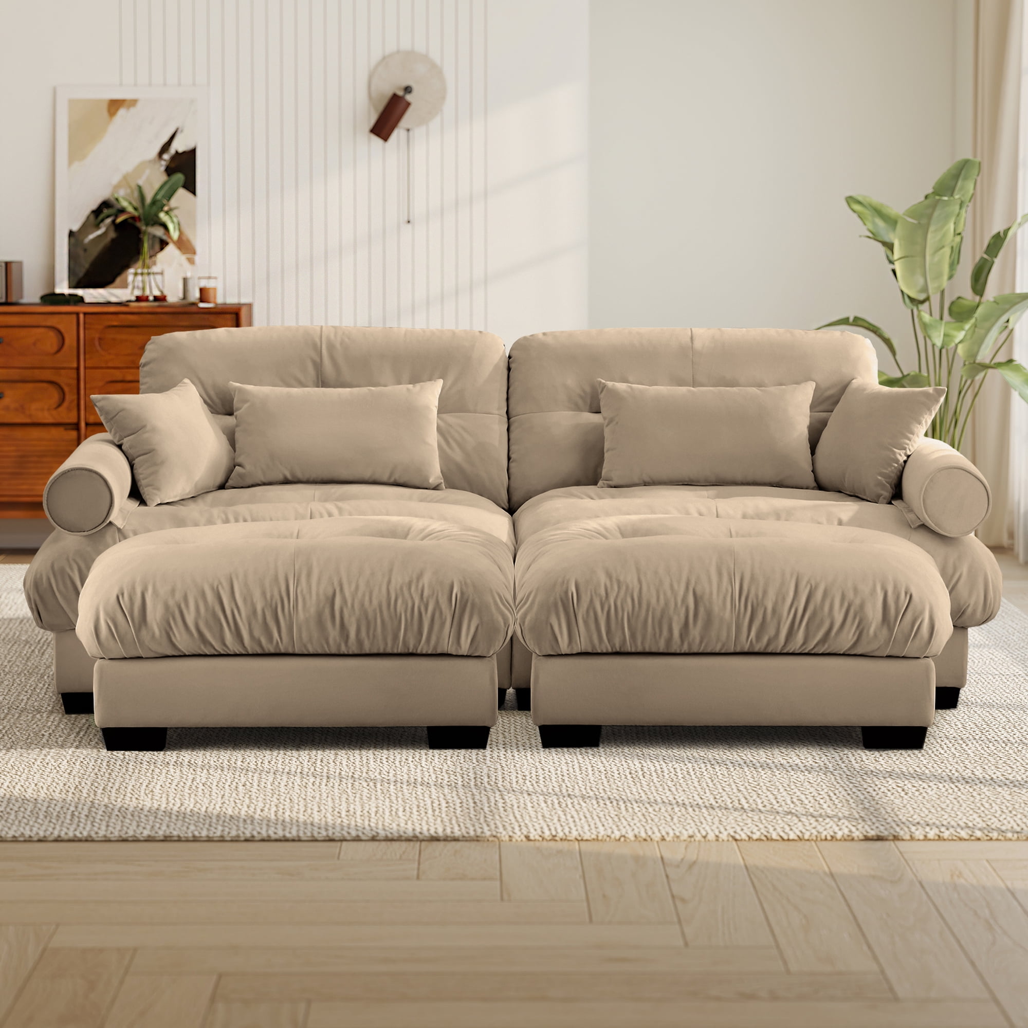 FFH Loveseat with Chaise, 93.7" Oversized U Shaped Cloud Sofa, Modular Sectional Sleeper Sofa with Bolstered Armrests (Velvet Camel, 2 Seater with 2 Ottomans)
