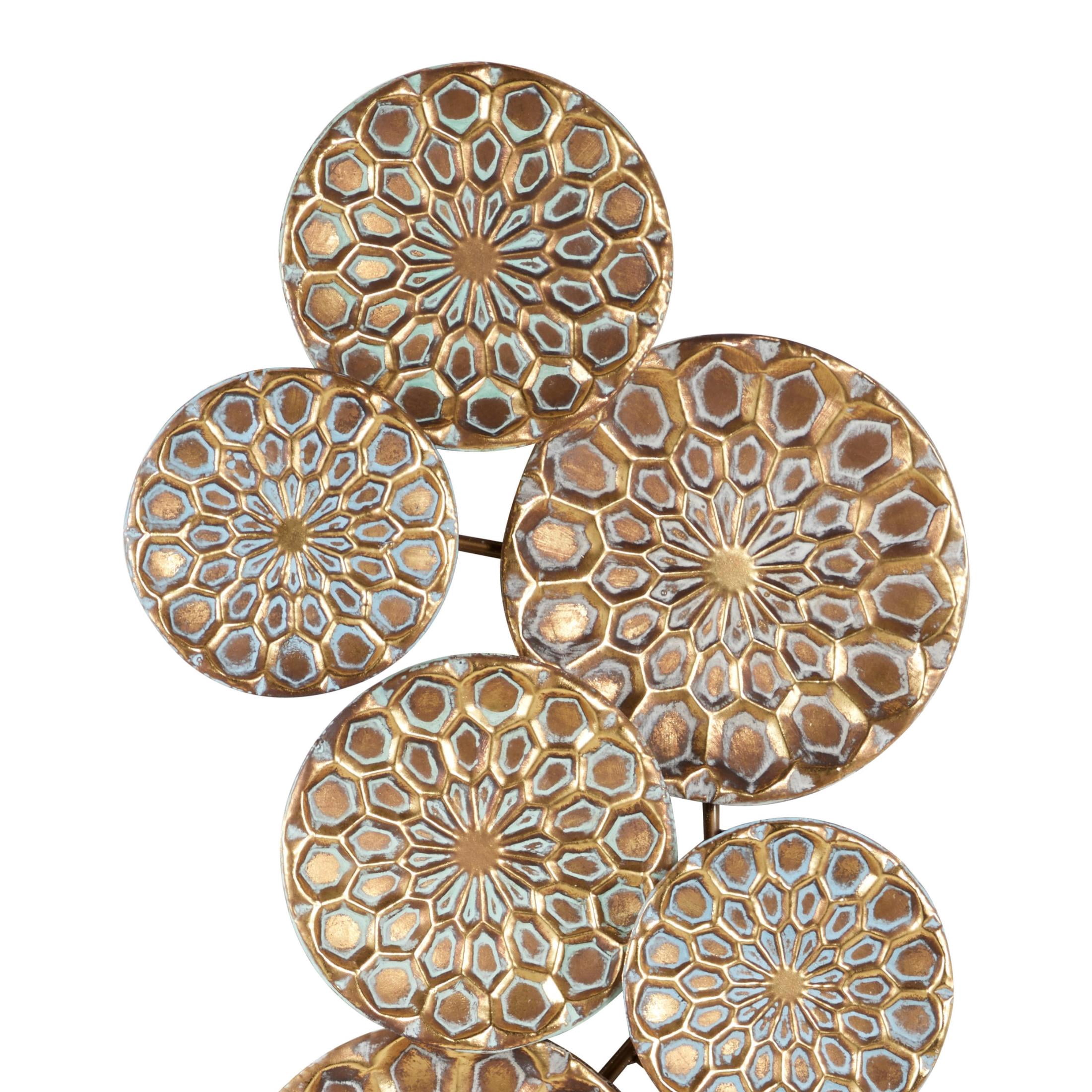 DecMode Gold Metal Embossed Floral Plate Wall Decor with Teal Accents