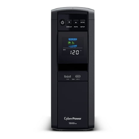 CyberPower CP1500PFCLCD UPS, 1500VA/1000W, 120V, 10 Outlets, LCD Display, AVR, USB Charging, Black