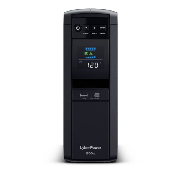 CyberPower CP1500PFCLCD UPS, 1500VA/1000W, 120V, 10 Outlets, LCD Display, AVR, USB Charging, Black