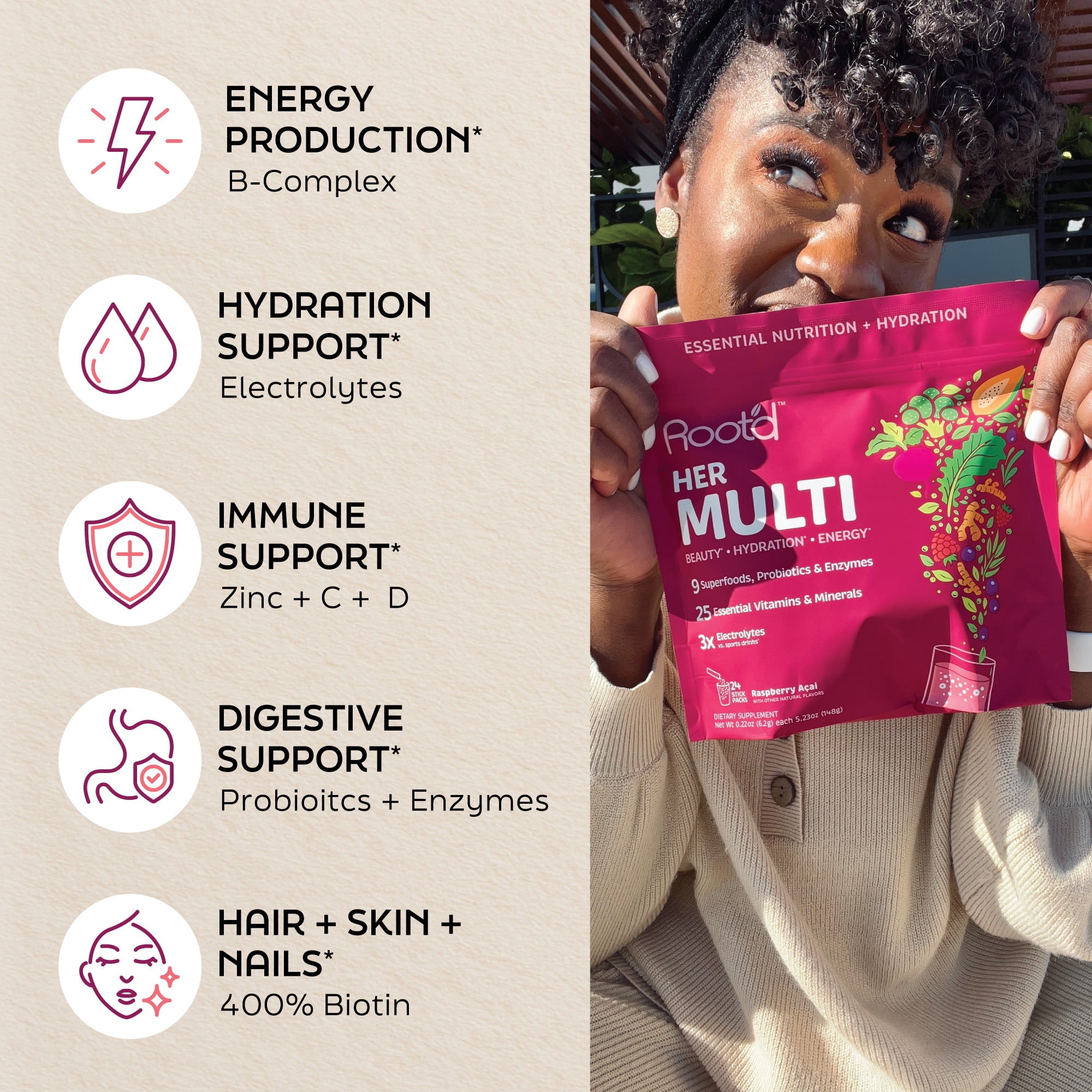 Root'd Multivitamin Powder for Women - 25 Vitamins,Minerals with 3X Electrolytes, 9 Organic Superfoods, Probiotics Enzymes, Sugar-Free Multivitamin Hydration, 30 Vitamin Drink Mix Packets