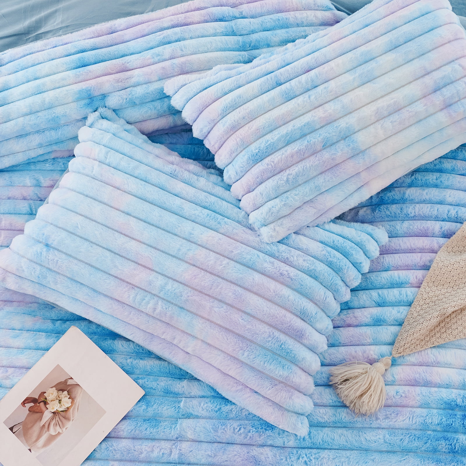 ZRNBAST Fluffy Twin Comforter Set, Tie-dye Pink Blue Plush Fleece Bedding Sets, Super Soft Faux Fur Bed Set with Zipper, Luxury Fuzzy Comforter with 2 Pillowcases(Pink Blue,Twin)