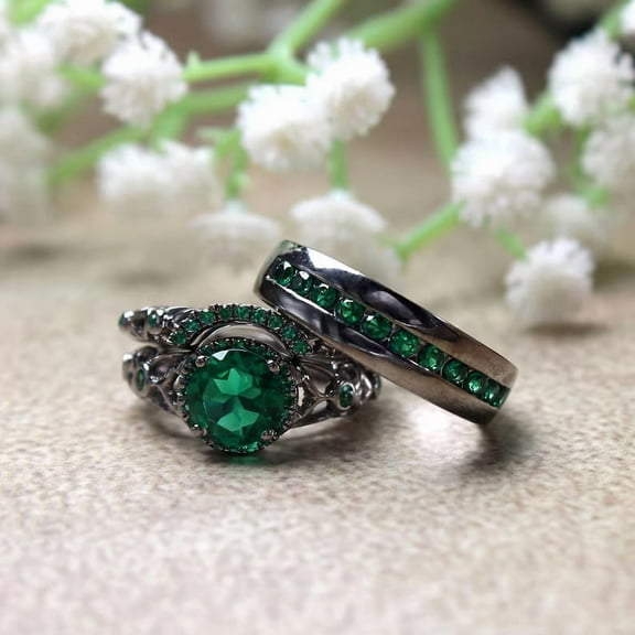 TAAPSEE JEWELS 14k Black Gold Finish Men's Women's Green CZ Trio Engagement Ring Set