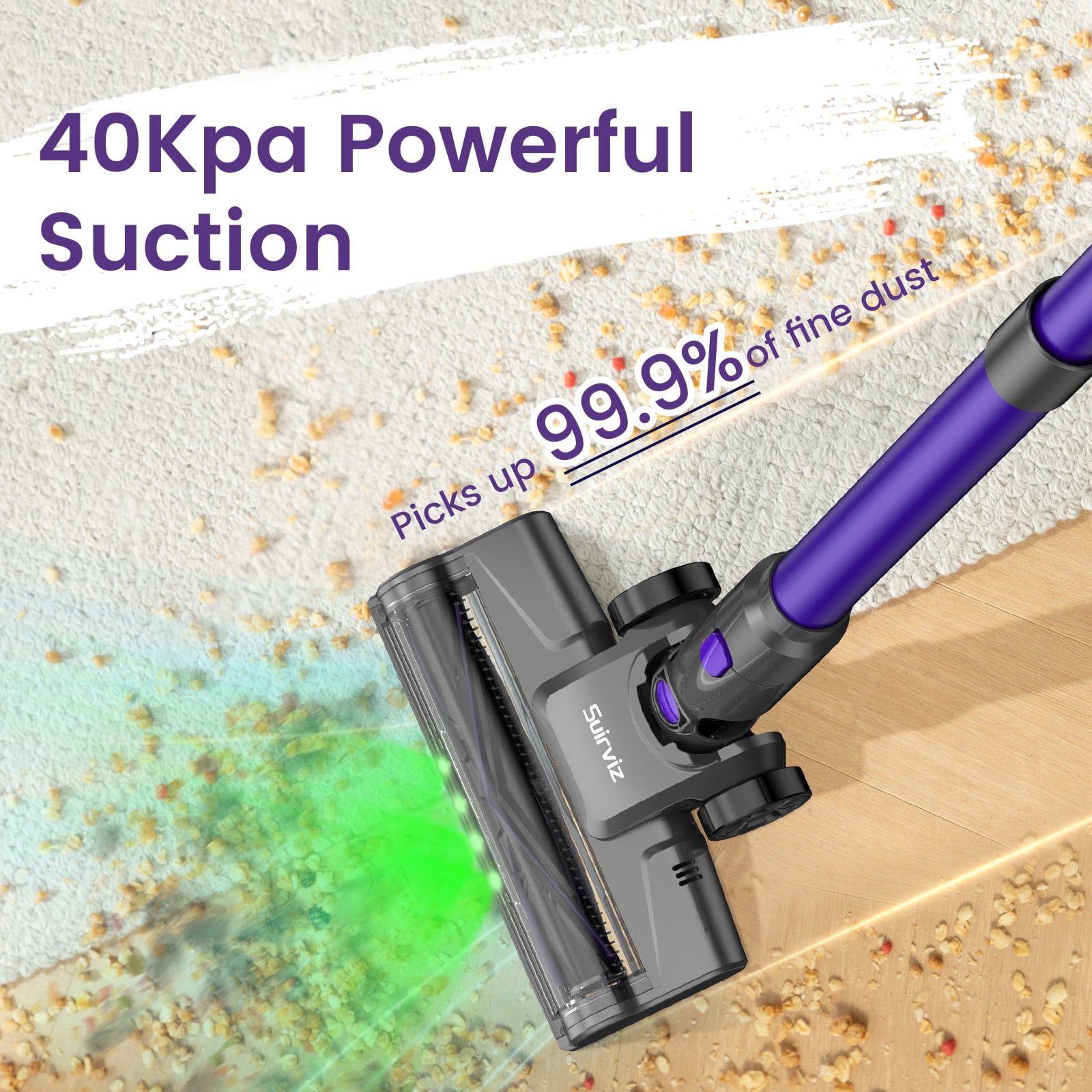 Cordless Vacuum Cleaner, 40KPA/35Mins, Green LED Light, Lightweight Stick Vacuum Self-Standing, Vacuum Cleaners for Home Handheld Vacuum for Pet Hair, Carpet, and Hard Floors