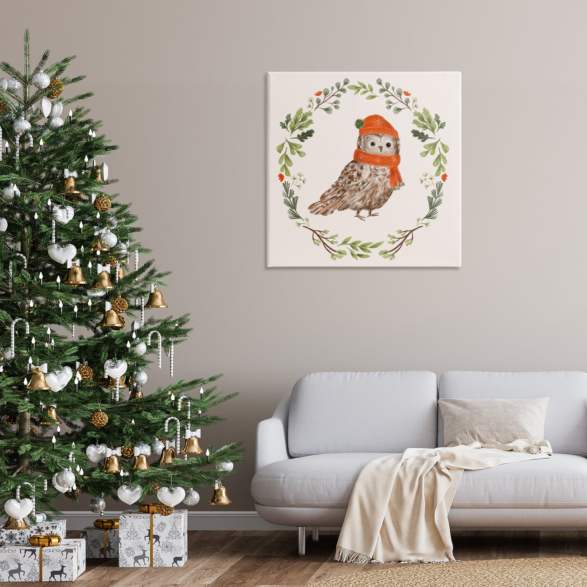 Stupell Industries Holiday Owl Wreaf Holiday Painting Gallery Wrapped Canvas Art Prints Wall Art, 36 x 36
