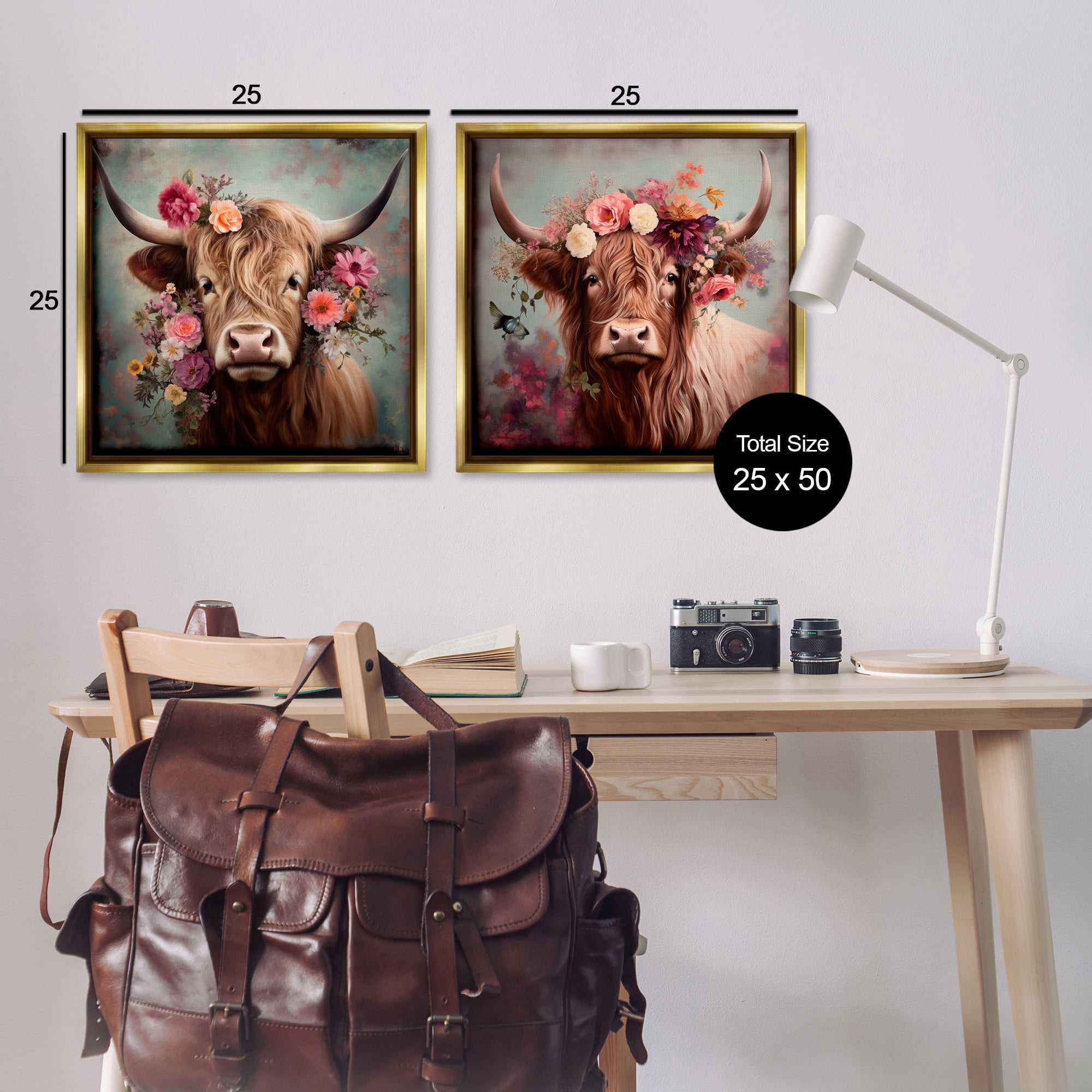 Stupell Industries Highland Cow Field Flower Crown Animals Painting Gold Floater Framed Canvas Art Print Wall Art, 25 x 25, Set of 2
