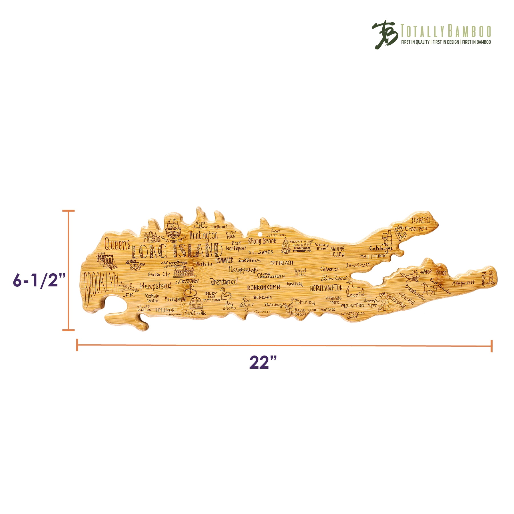 Totally Bamboo Long Island Shaped Cutting Board – Bamboo Charcuterie and Serving Board with Hang Tie for Wall Display