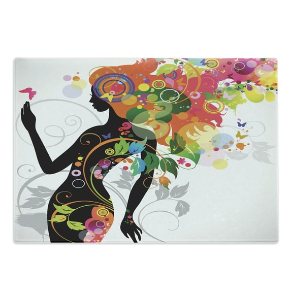 Colorful Cutting Board, Madame Butterfly Modern Version Spring Spiral Circles Leaf Botany Girl Print, Decorative Tempered Glass Cutting and Serving Board, Large Size, Multicolor, by Ambesonne