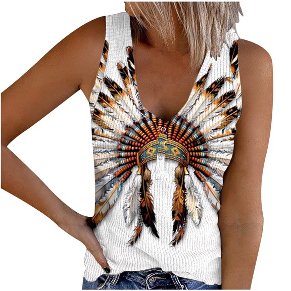 Raeneomay Off Shoulder Tops for Women Women's Retro Ethnic Style Feather Tassels Printed Sleeveless Tank Tops