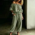 thumbnail image 5 of Women Solid Linen Cotton off the Shoulder Jumpsuit, 3/4 Sleeve Elastic Waist Cuffed Capri Rompers with Side Pockets Summer Beach Vacation Casual One Piece Outfit Green XL(XL), 5 of 6