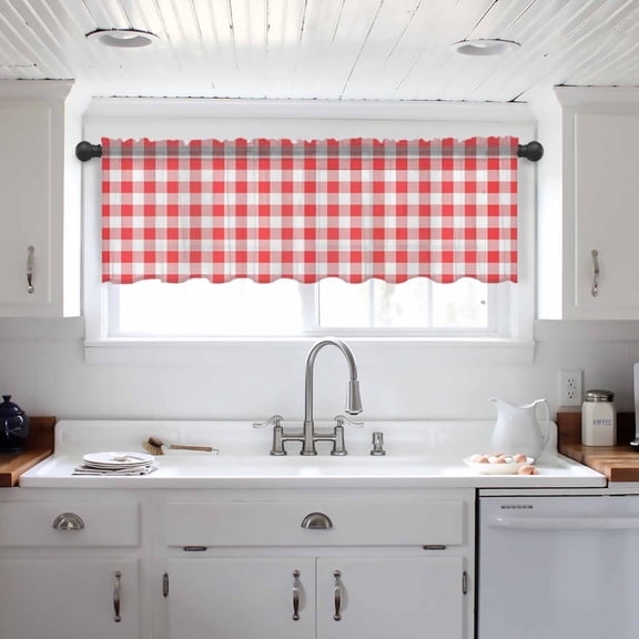 Red White Plaid Valance Curtains for Kitchen/Living Room/Bathroom/Bedroom Window, Modern Farmhouse Buffalo Check Gingham Rod Pocket Small Topper Half Short Window Curtains Voile Sheer Scarf 54"x18"