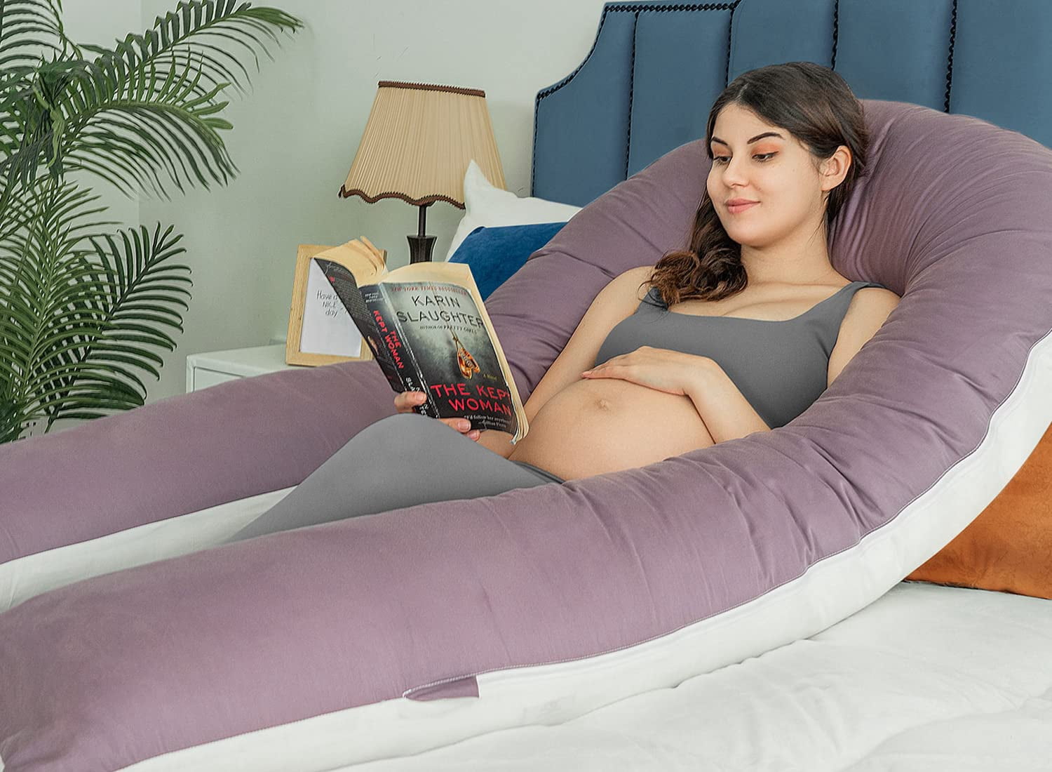 Extra Long U Shaped Body Pillow  65in Pillows For Sleeping Full Support Adults And Maternity Women Sateen Cover Purple White