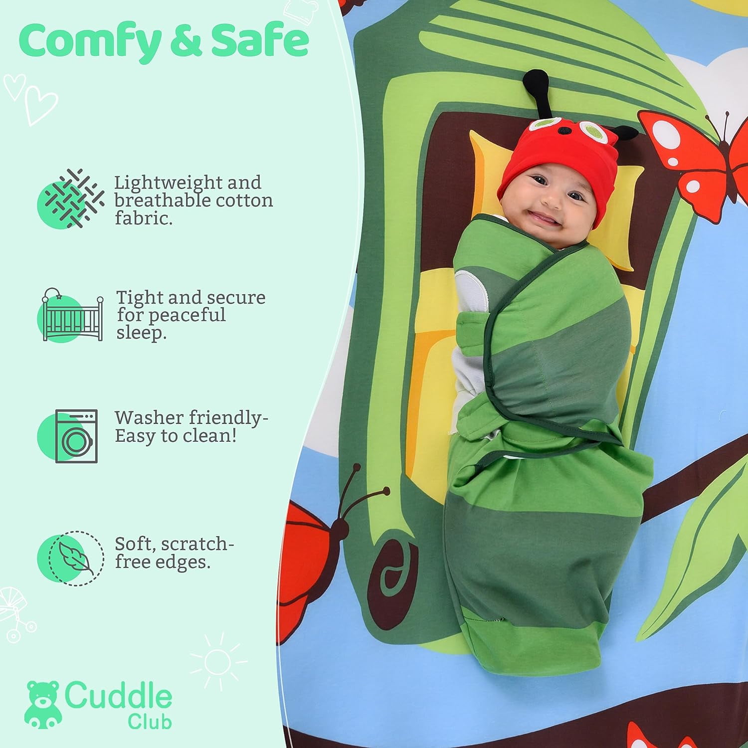 Cuddle Club Baby Wrap Swaddle Blanket Sleep Sack Bundle with Novelty Beanie Hat, Caterpillar Small