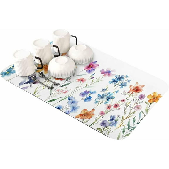 Watercolor Wild Flower Dish Drying Mat for Kitchen Counter, Super Absorbent Quick Dry Coffee Bar Mat Pad Thin Diatomaceous Sink Mat Non Slip Dish Drainer Mat 23.5x15.5 Spring Summer Floral Botanical