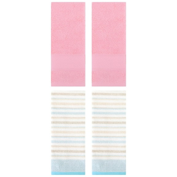 Unique Bargains Cotton Soft Striped Hand Towel 4 Pcs Blue/Pink 13" x 27"/14" x 30"