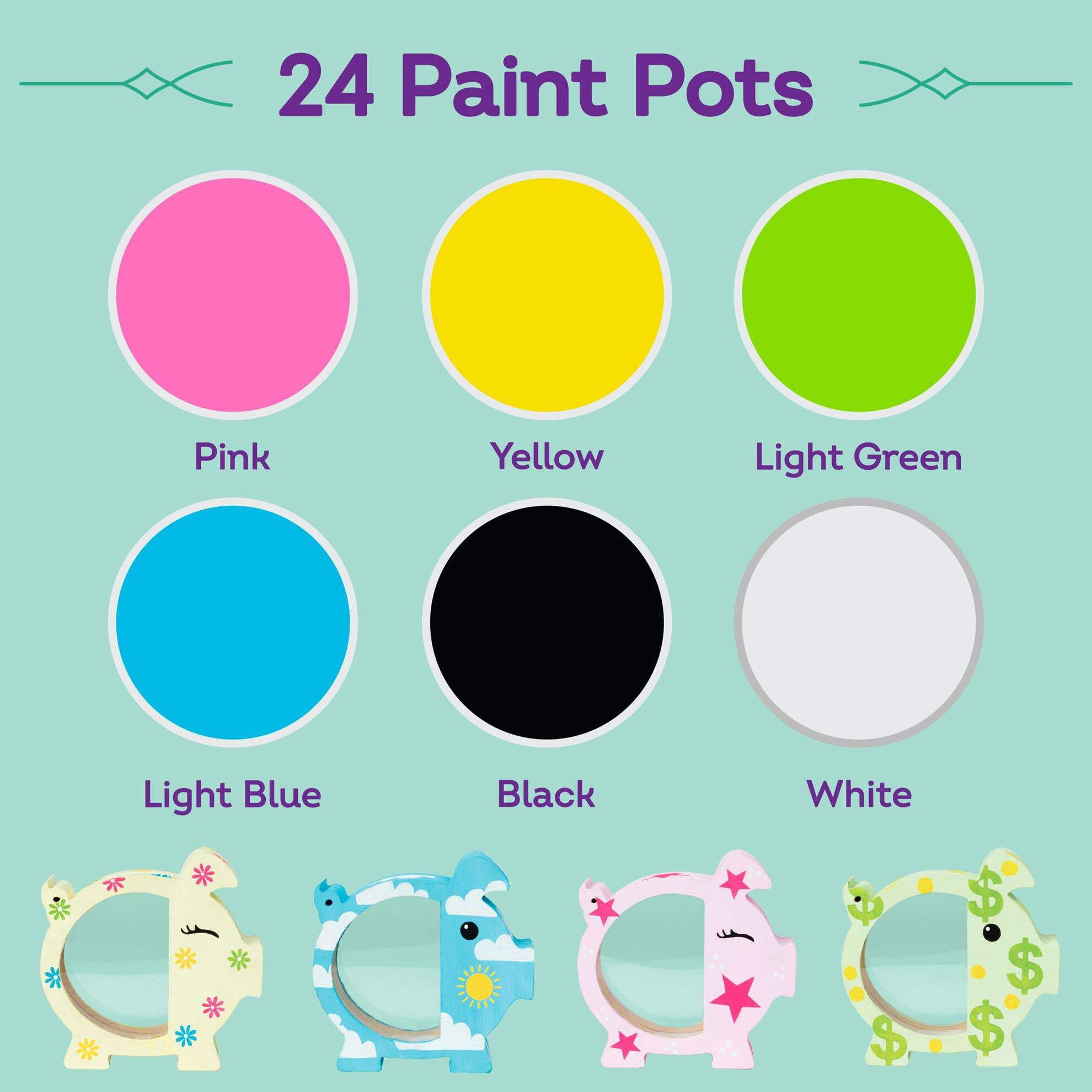 Tulip Paintable Wood Piggy Bank Paint Set, Craft Kit, 4 Piggy Banks, 4 Paint Brushes, 24 Paints
