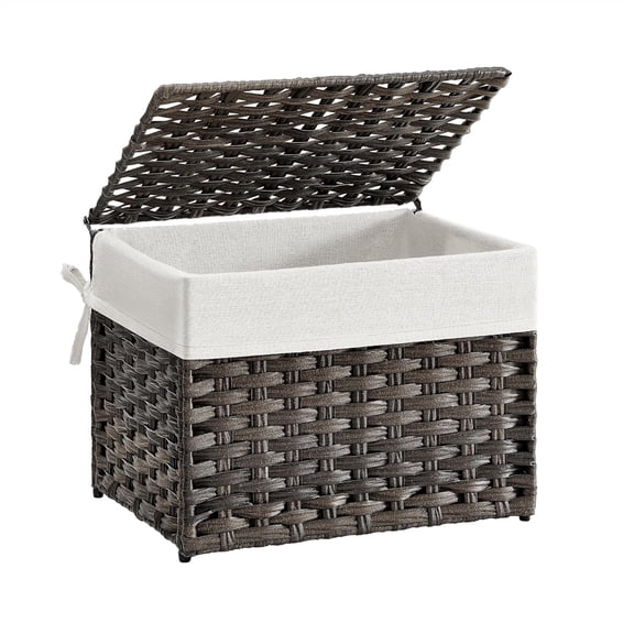 Storage Basket with Lid, 9.2 Gallon (35L) Storage Bin, Woven Blanket Storage Basket with Handles, Foldable, Removable Liner, Metal Frame, for Bedroom, Laundry Room, Brown URST040K01