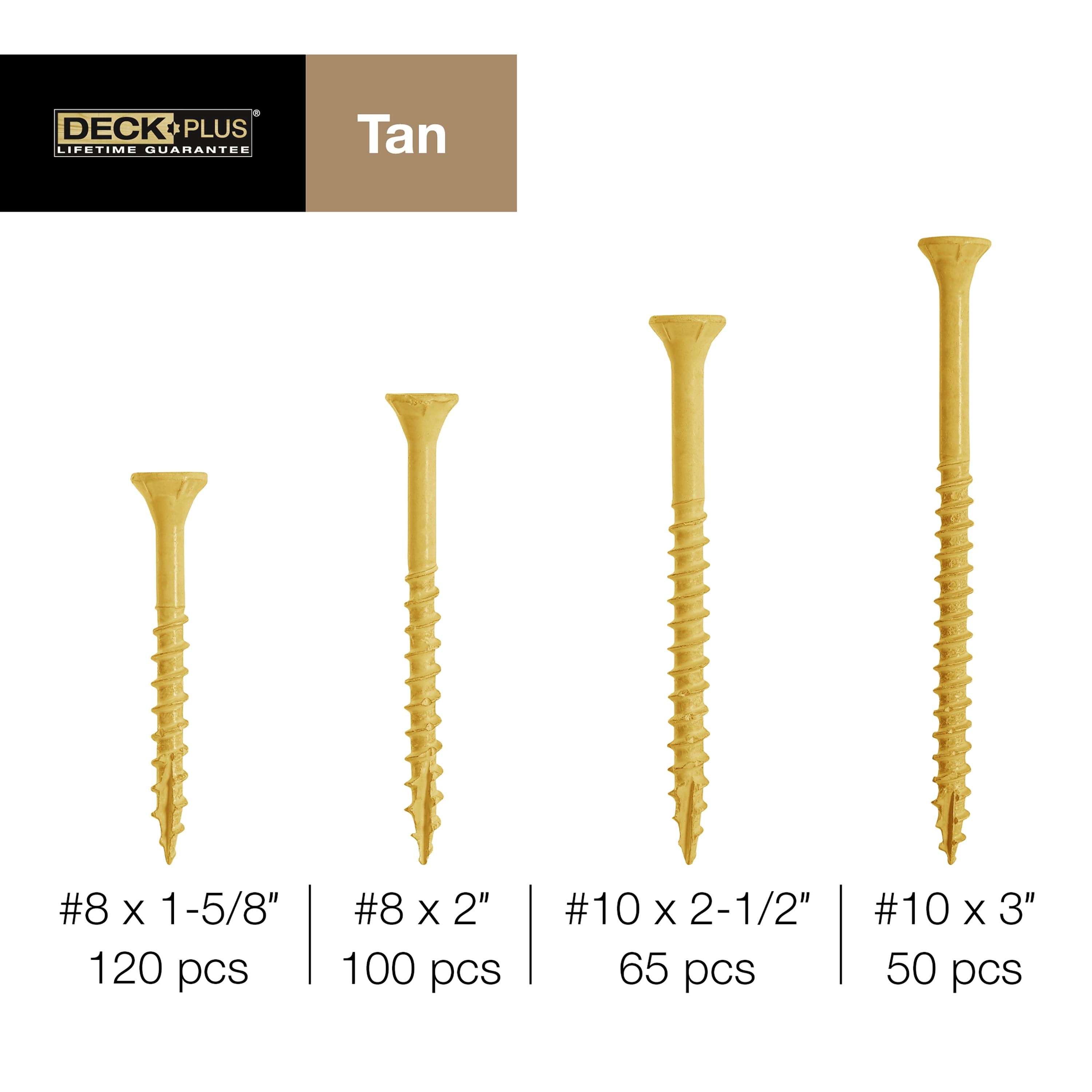 Deck Plus Wood and Deck Exterior Screws, Steel, Epoxy Finish, Tan, Various Sizes, 335 pack