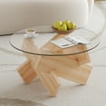 thumbnail image 3 of NYEESS 33.4" Inch Oak Round Tempered Glass Coffee Table with MDF Legs, Farmhouse Style Living Room Table, 3 of 9
