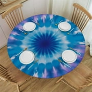 PIKWEEK Round Fitted Tablecloth Purple Blue Tie Dye Pattern Table Cloth with Elastic Edged Waterproof Wipeable Round Table Cover for Patio Parties Outdoor Decor