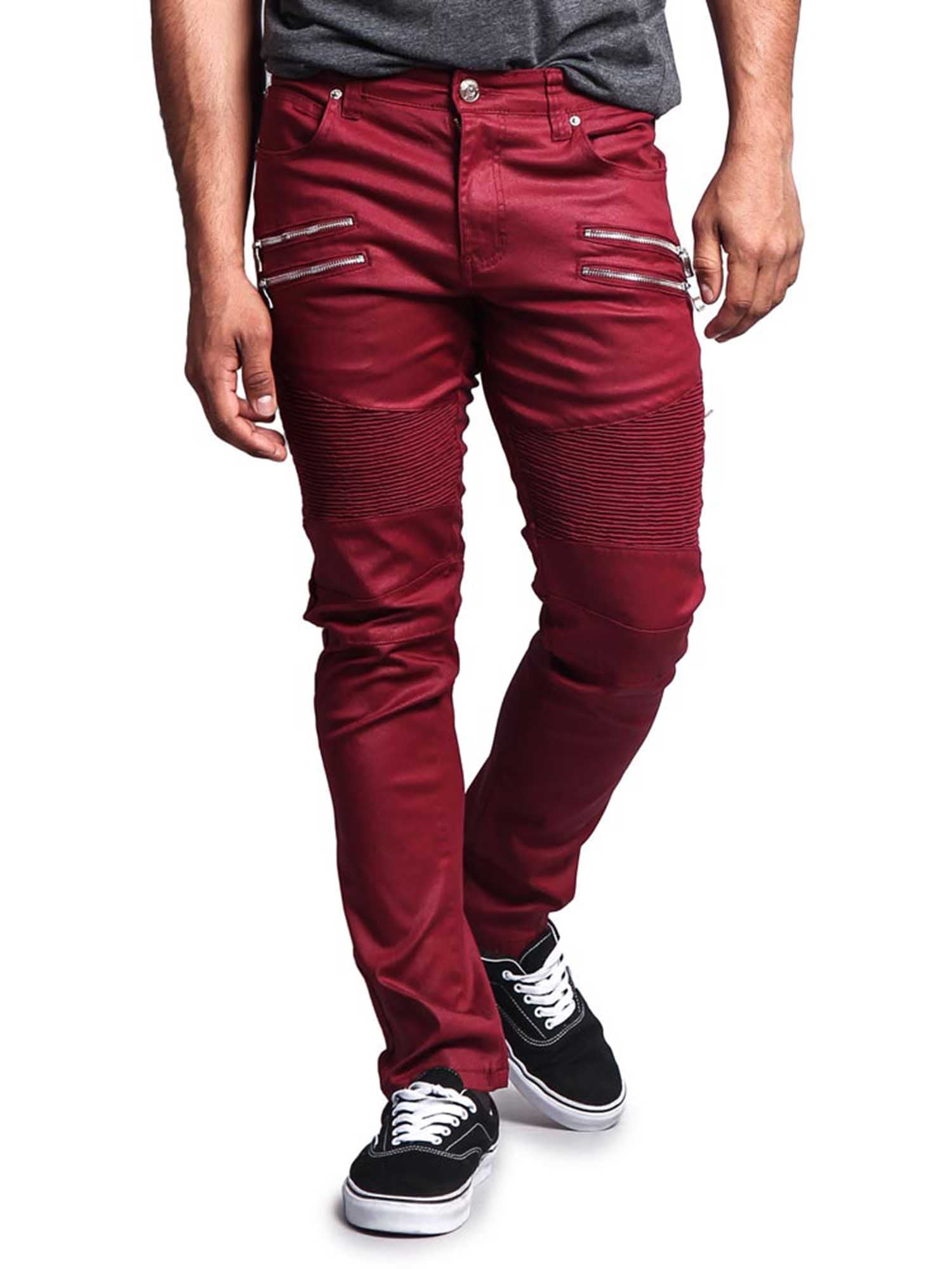 fonds behang Leuk vinden Victorious Men's Coated Slim Fit Moto Pants Biker Jeans - Burgundy - 32/30  - Walmart.com