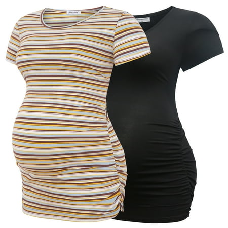 

Bearsland Women’s Cotton Breathable Short Sleeve Maternity Shirt Casual Side Ruched Tunic Pregnancy Top Clothes 2-Pack