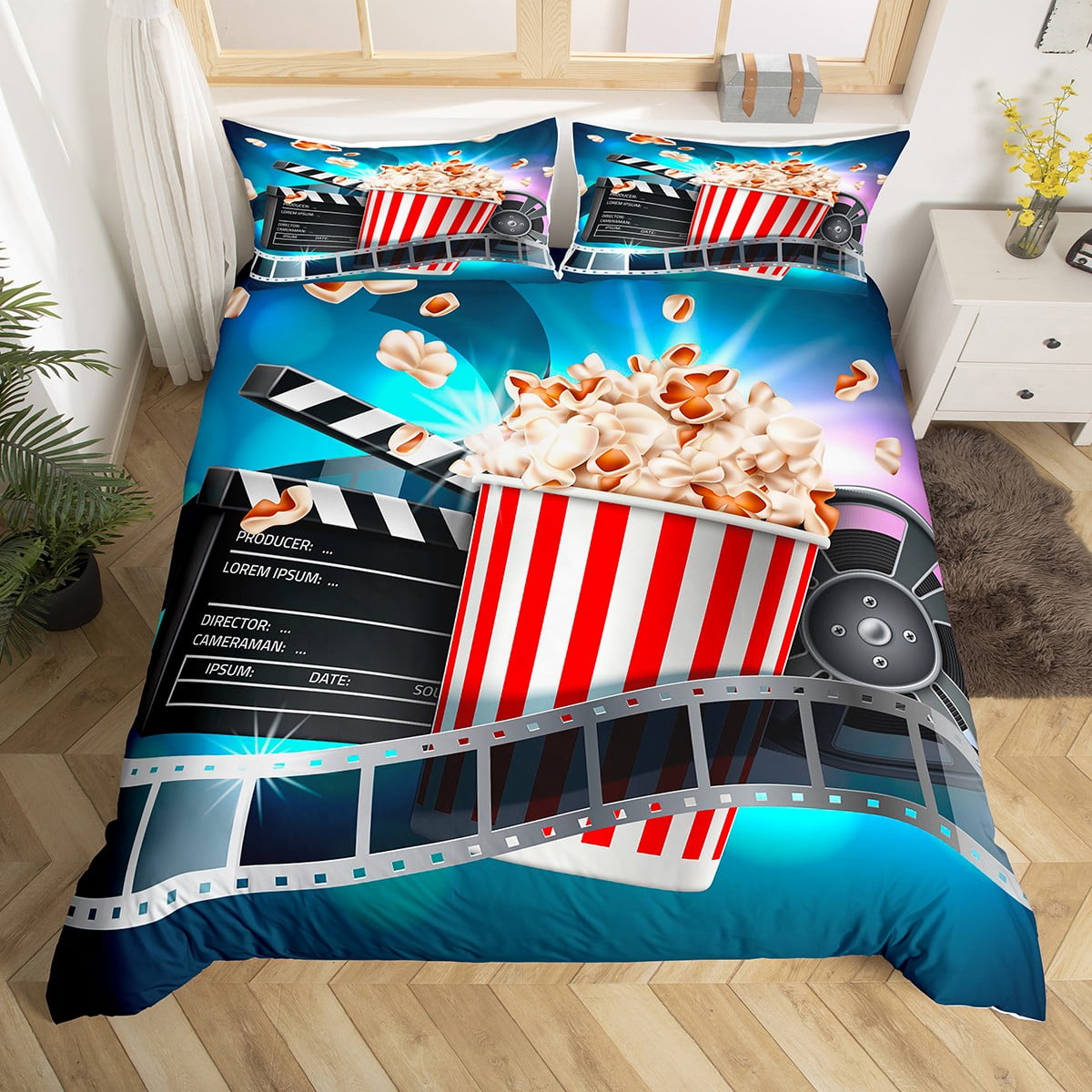 Movie Theater Bedding Set Cinema Scenes Comforter Cover for Kids Child,Vintage Film Clapper