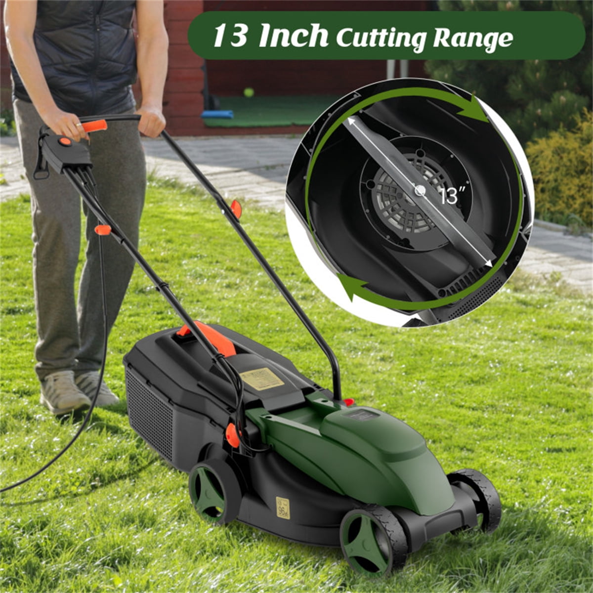 10 ampere 13 inch electric rope lawn mower with dual safety switches -Green