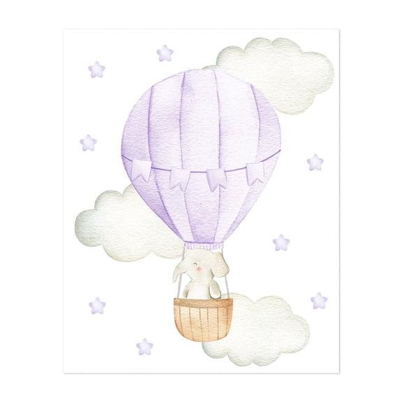 Purple Hot Air Balloon, Elephant, Safari Animals, Jungle Animals, Gender Neutral Nursery - Illustration Watercolor Hot Air Balloon Whimsical Animal Unframed Wall Art Print 6 x 8 inches