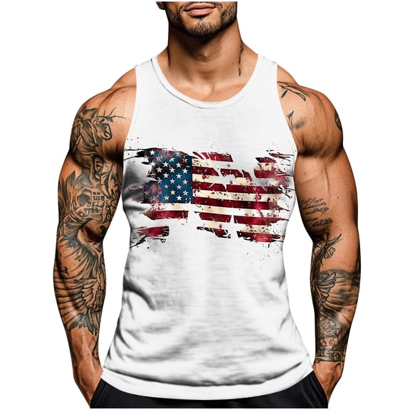Cmfcve Men's 4th of July Tank Top Round Neck Sleeveless Patriotic Tank Shirt Breathable Loose Gym Tees