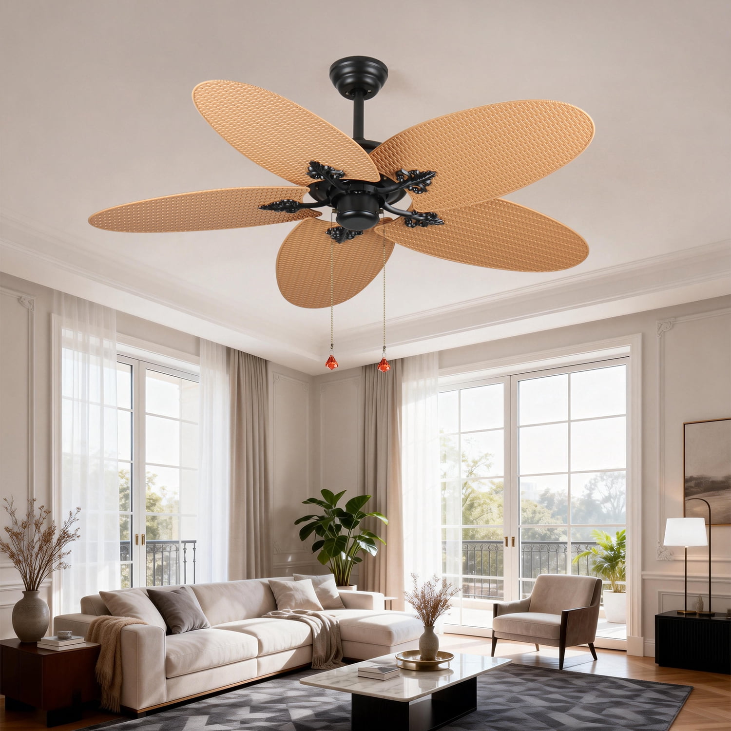 52 Inch Tropical Ceiling Fan with 5 Palm Leaf Blades, Indoor Outdoor No Light Fan, Pull Chain Control, Dual Mounting Options, Ideal for Patios and Bedrooms